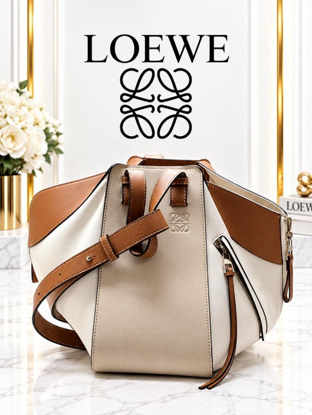 Authentic Loewe Hammock Bag White Tan Leather Designer Shoulder Bag